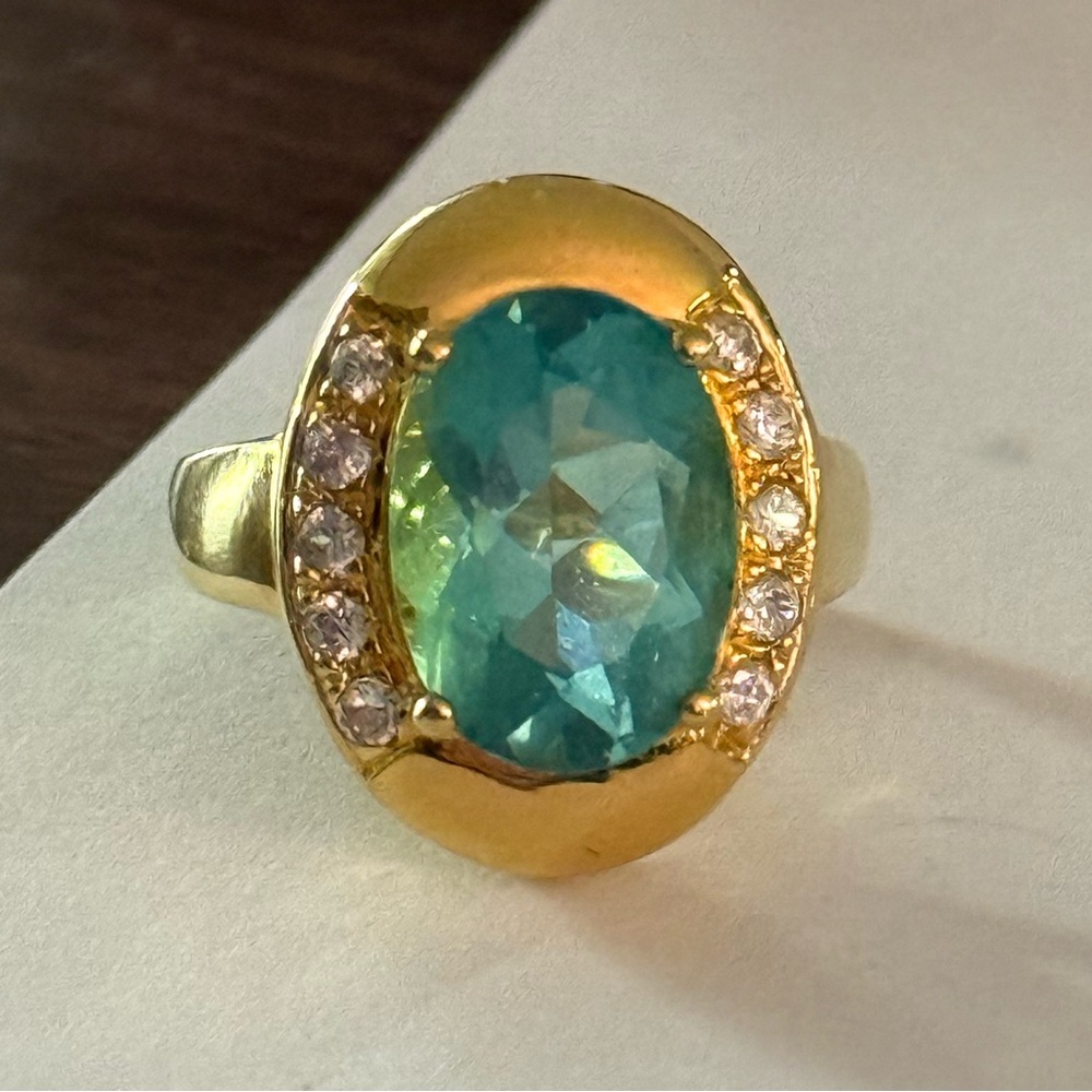 #551 Vintage Apatite & Crystal Ring, in 925 Silver, Gold Overlay, SZ 7 3/4